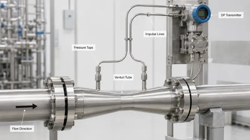 Venturi meter installed on a process pipeline with pressure taps, impulse lines, and differential pressure transmitter