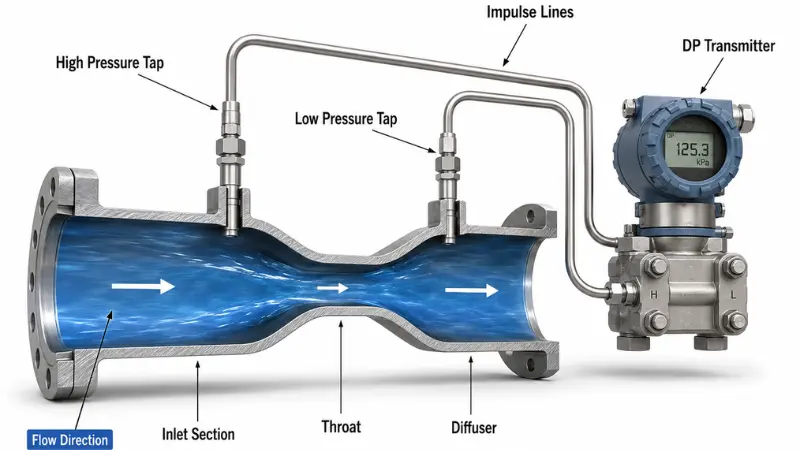 Cutaway diagram showing how a Venturi meter uses pressure taps and impulse lines to measure differential pressure