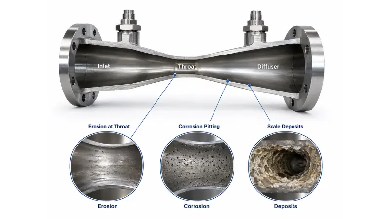Venturi tube cross-section showing erosion, corrosion, and deposits inside the throat and diffuser