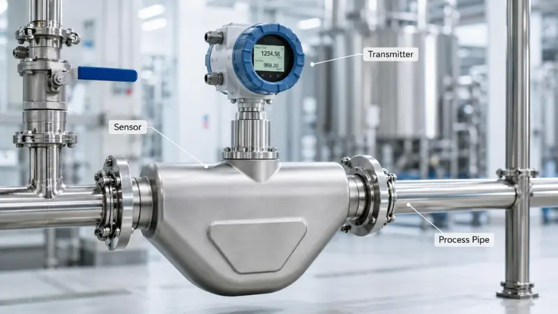 Coriolis flow meter installed in an industrial stainless steel pipeline Coriolis flow meter installed in an industrial stainless steel pipeline