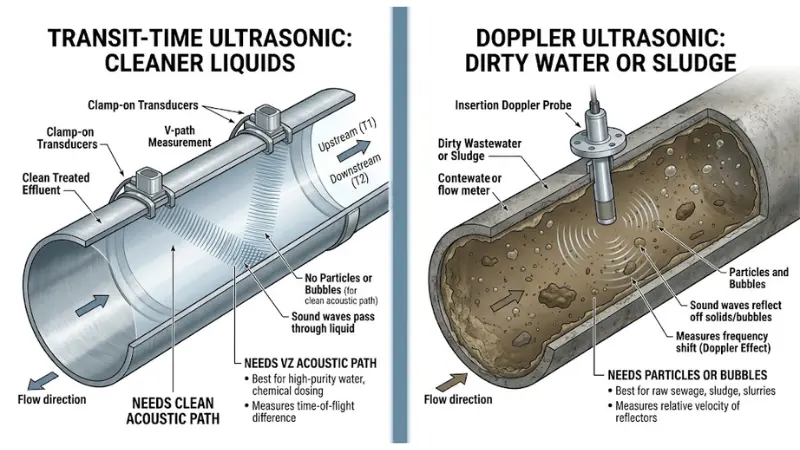 Transit-time and Doppler ultrasonic wastewater flow meters compared for clean effluent and dirty sludge applications.