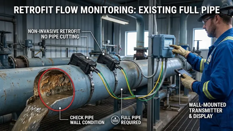 Clamp-on ultrasonic flow meter installed on an existing wastewater pipe for non-invasive retrofit measurement.