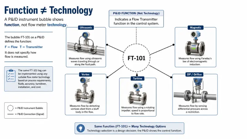 P&ID flow instrument bubble FT-101 showing that the symbol identifies function but not ultrasonic technology P&ID flow instrument bubble FT-101 showing that the symbol identifies function but not ultrasonic technology