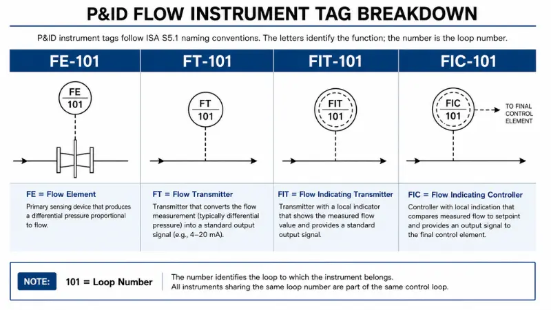 P&ID instrument bubble shapes and signal line types for reading flow meter location and communication P&ID instrument bubble shapes and signal line types for reading flow meter location and communication