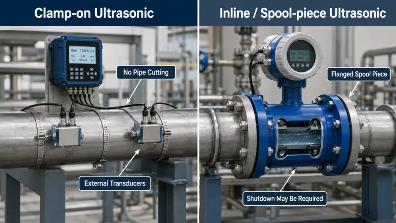 Clamp-on ultrasonic flow meter compared with inline spool-piece ultrasonic flow meter on industrial piping Clamp-on ultrasonic flow meter compared with inline spool-piece ultrasonic flow meter on industrial piping