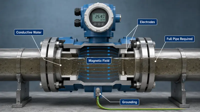 Electromagnetic water flow meter measuring conductive wastewater with no moving parts Electromagnetic water flow meter measuring conductive wastewater with no moving parts