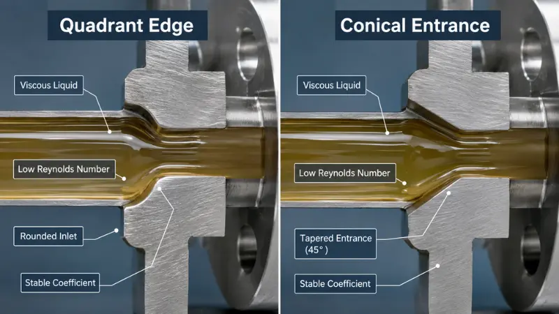 Quadrant edge and conical entrance orifice plates for viscous liquid and low Reynolds number flow measurement. Quadrant edge and conical entrance orifice plates for viscous liquid and low Reynolds number flow measurement.